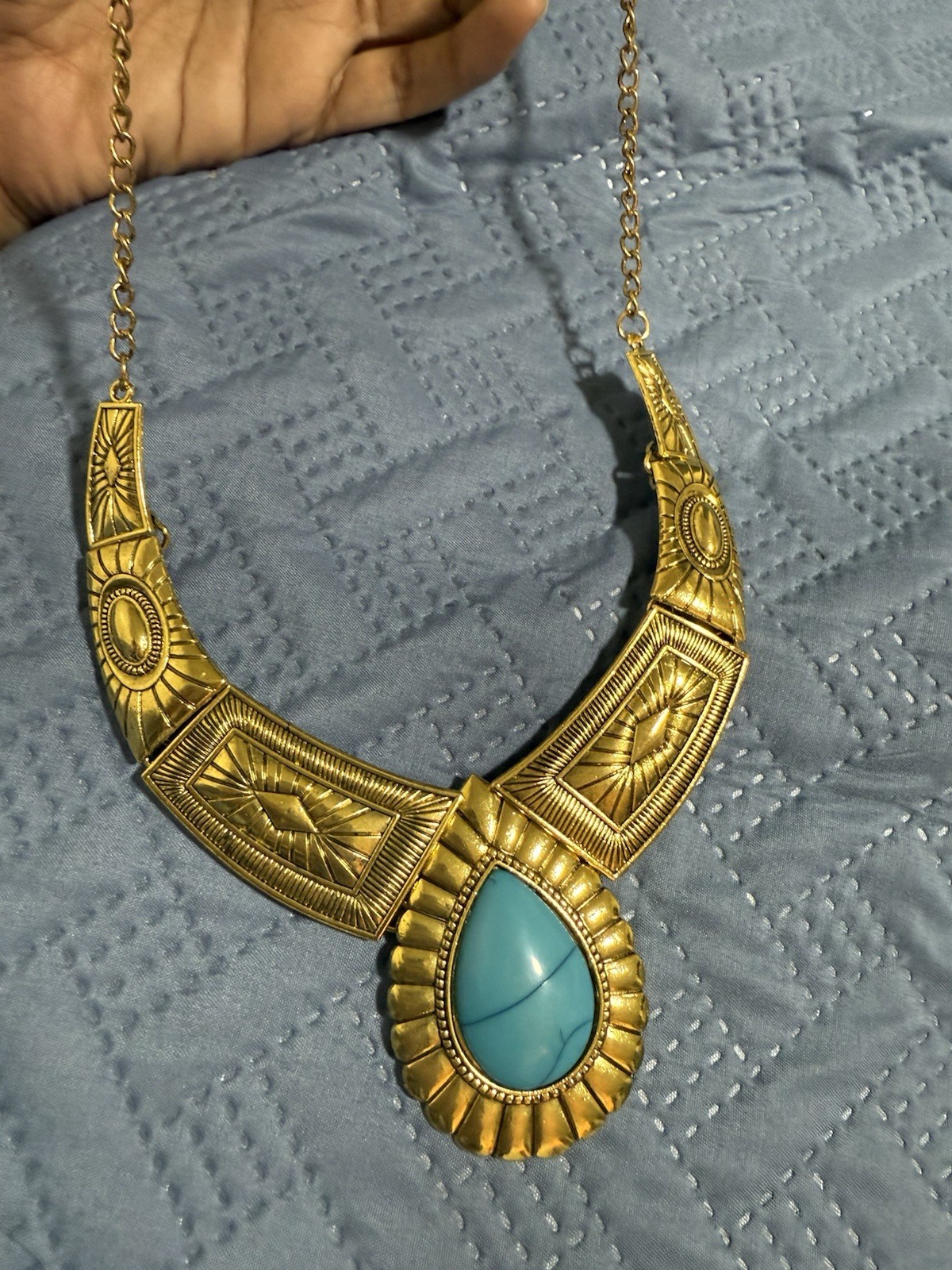 Chunky Gold Necklace Cuff Large Big Wide Costume Blue Statement Choker Jewelry