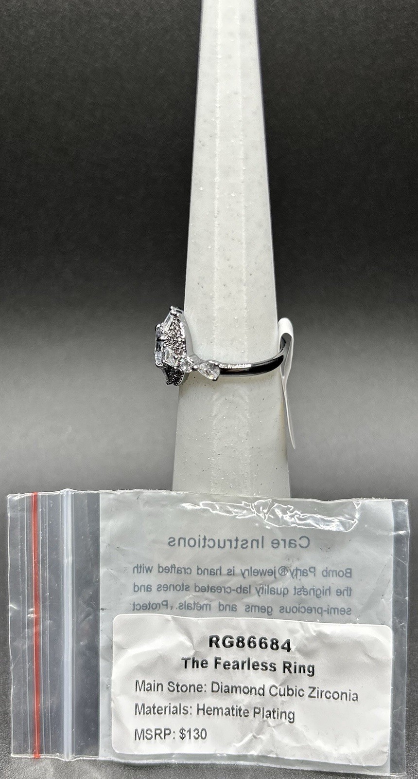 Bomb Party Ring Sz 7 RG86684 ‘The Fearless Ring’ Diamond CZ on Hematite Plating