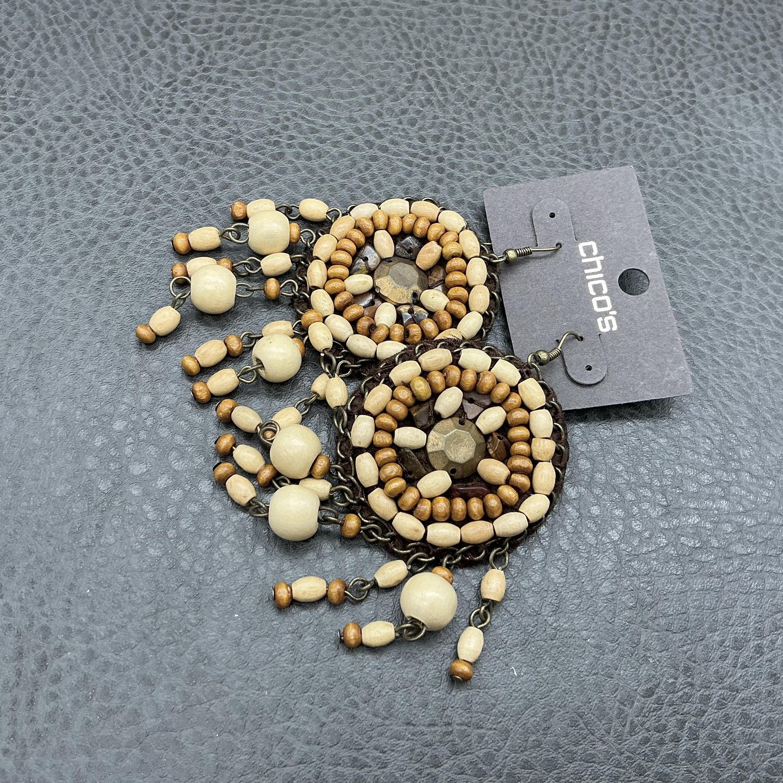 Chicos Earrings Brown Beaded Wood Chandelier Womens French Wire Boho Jewelry