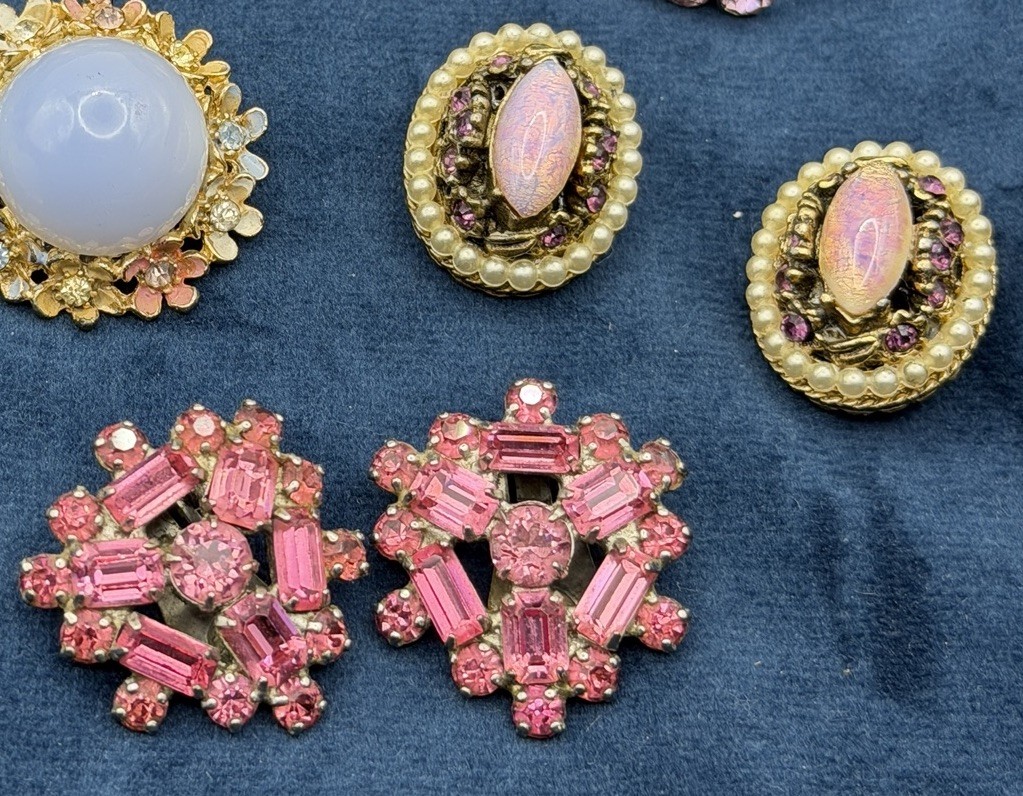Vintage 50s MCM Clip On Earrings Jewelry Lot 5 Pair Rhinestones Opalite Cabochon
