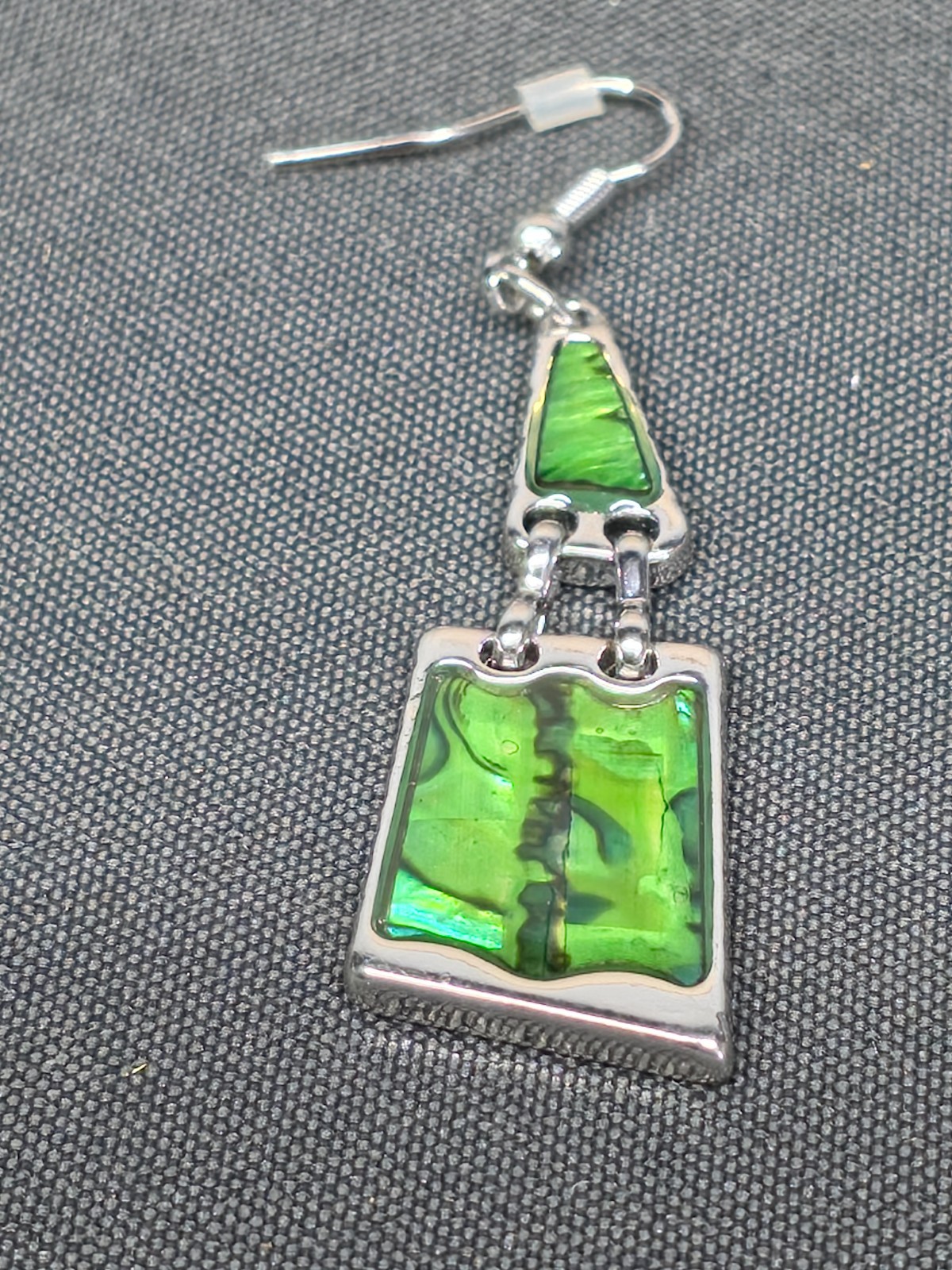 Artisan Abalone Shell Necklace Earring Set Silver Tone Rectangle Mosaic 16-18″