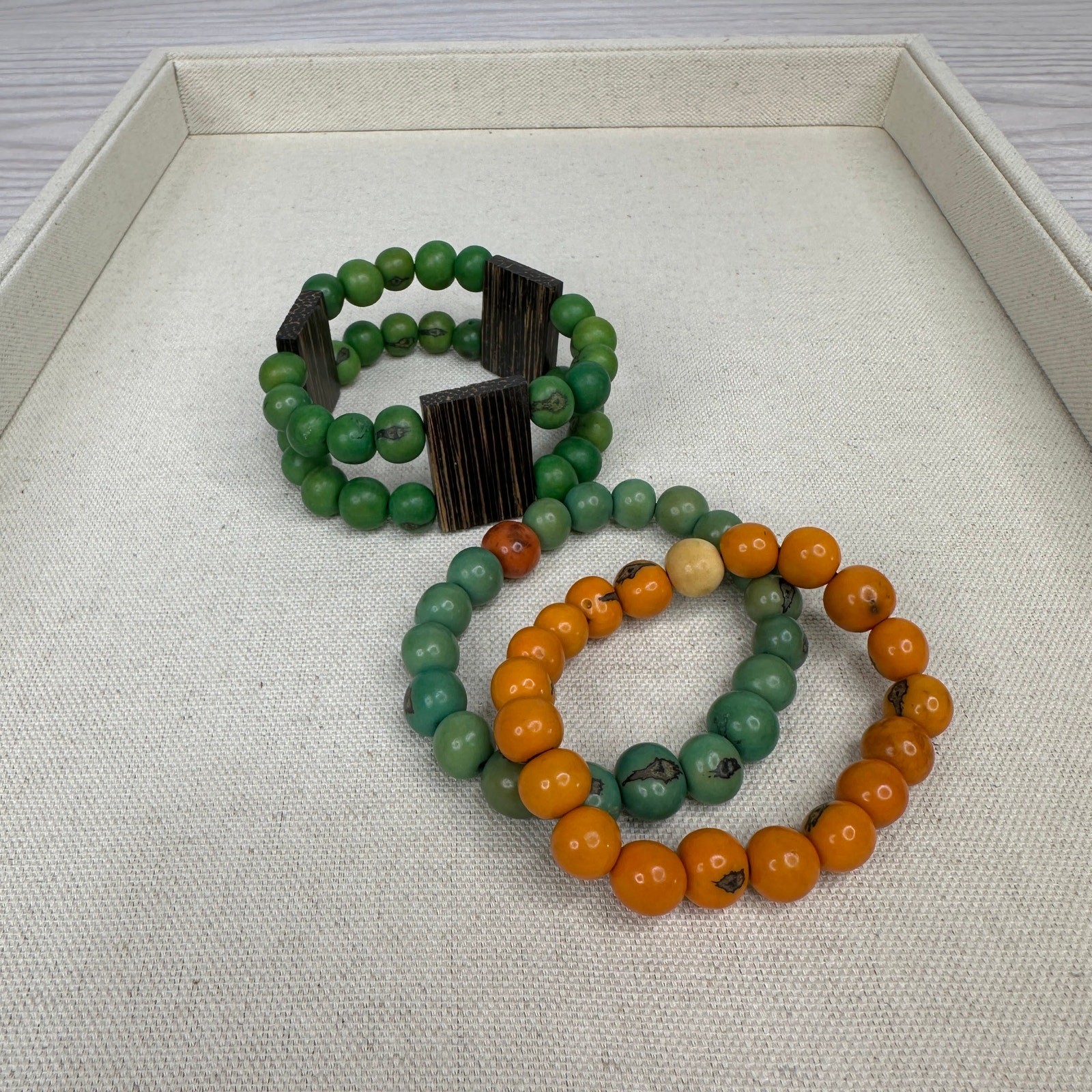 Set of 3 Lucky Wooden Beads Bracelet Orange Green Elastic Fashion Protection
