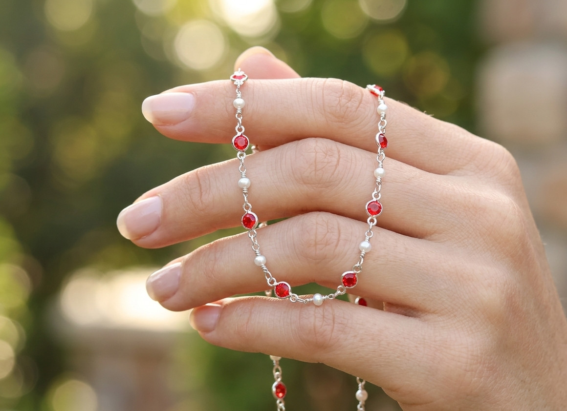 Red Ruby & Pearl Silver Plated Minimalist Boho Chain Bracelet | Handmade Premium