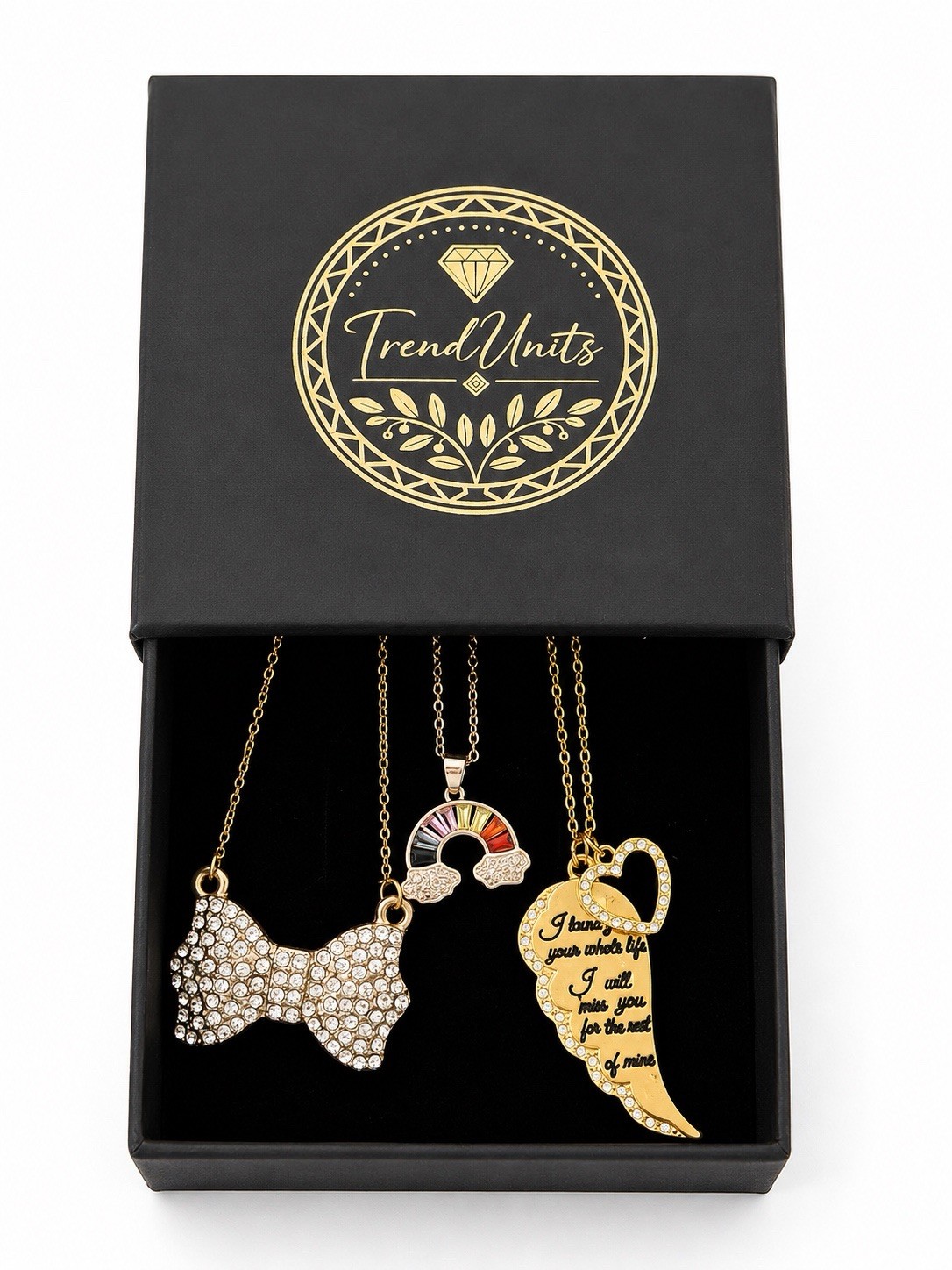 3PCS Gold Tone Pendant Necklace Set Bow Rainbow Angel Wing w/ Gift Box