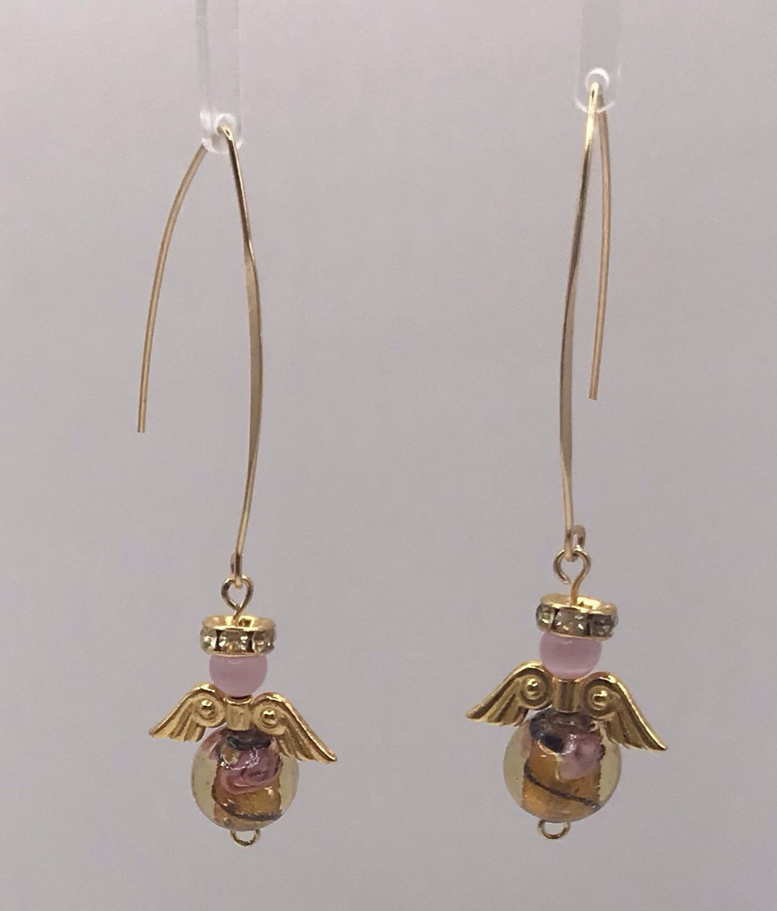 Handmade w/Angel Earrings Pink Cats Eye Murano Gold Round Bead Wings