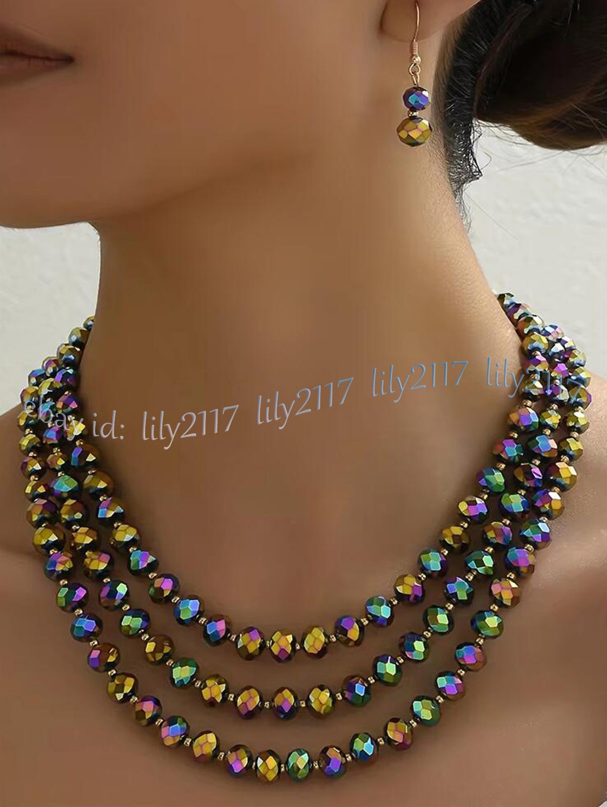 3 Rows Faceted Multicolor Crystal Rondelle Beads Necklace Earrings Jewelry Set