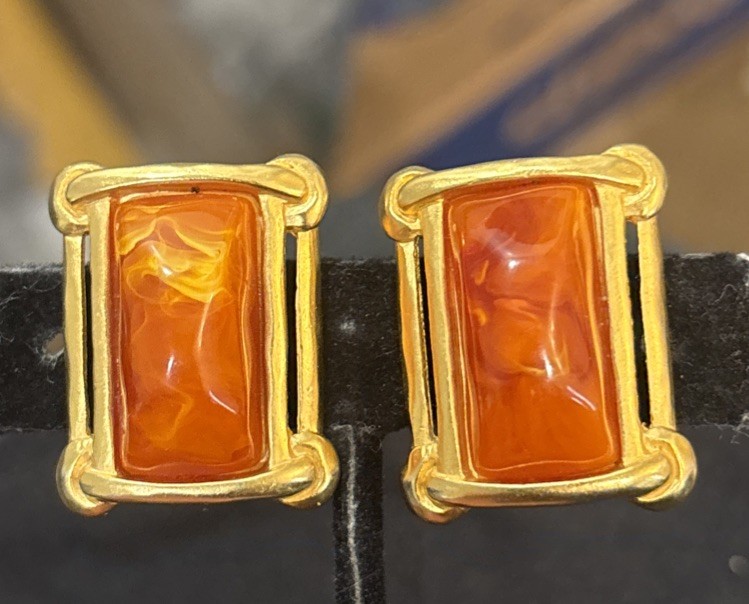 Vintage Karl Lagerfeld Gold Plated Orange Marbled Resin Clip On Earrings