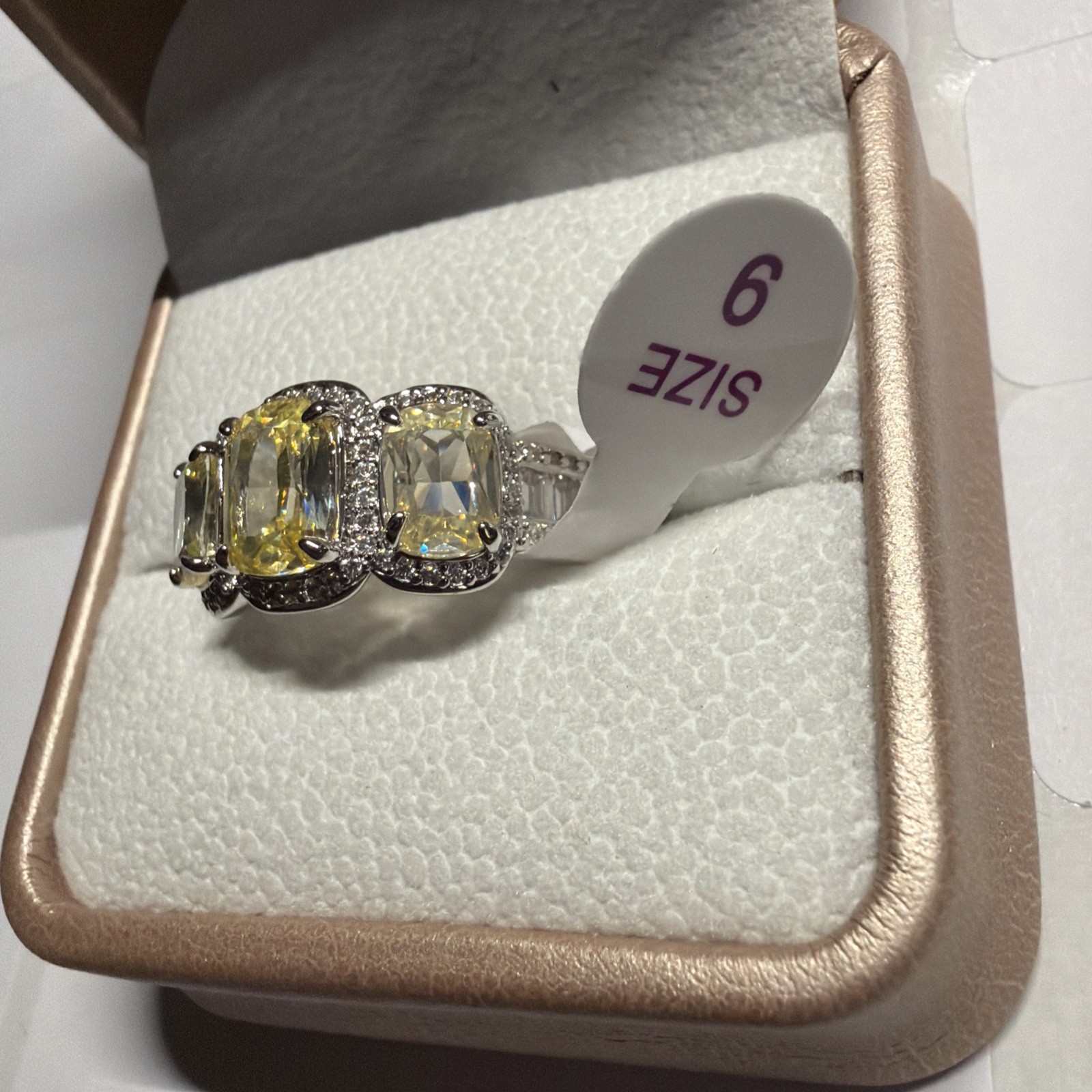 Bomb Party Yellow Cushion Cut Three Stone Halo Ring Silver Tone Size 9