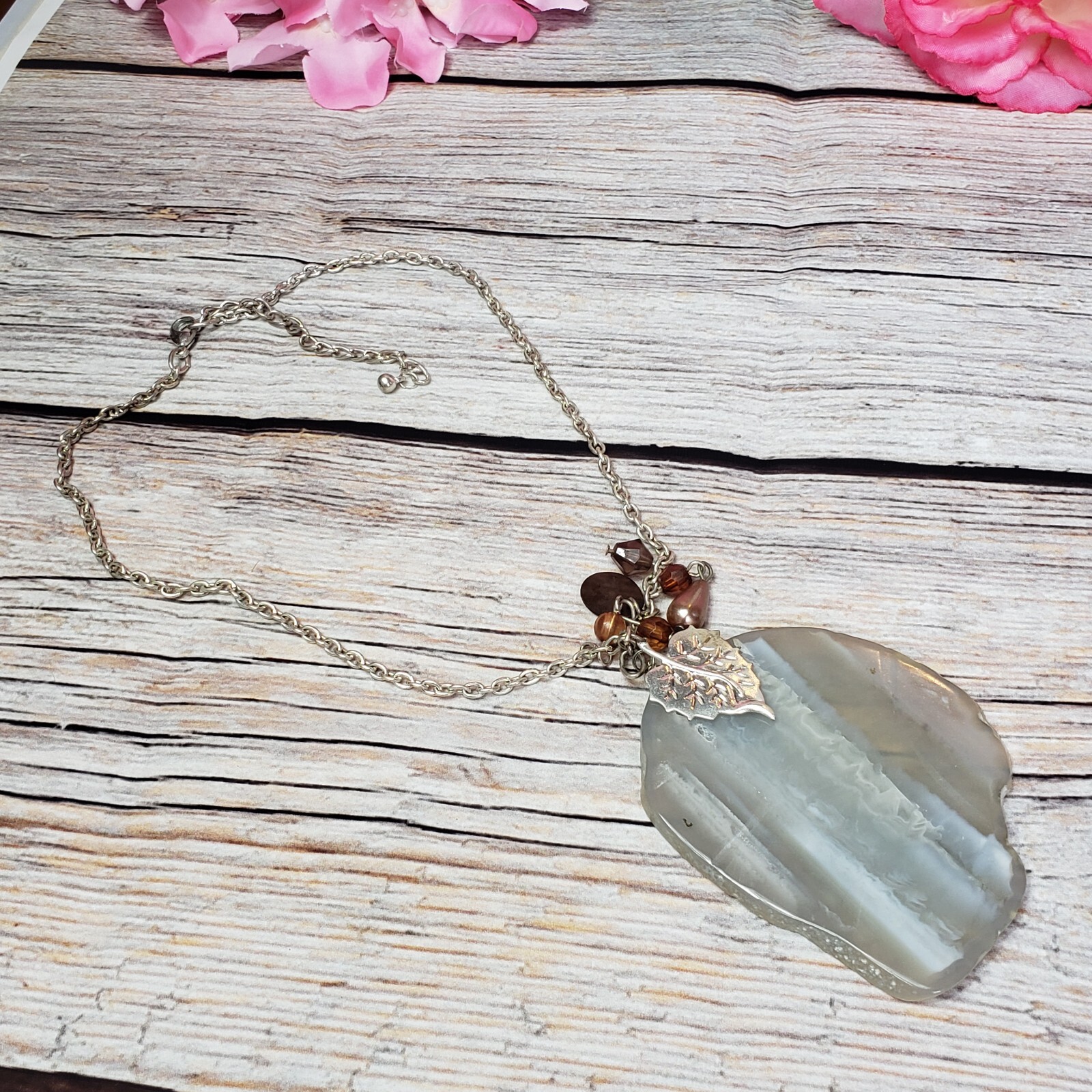 Gray Agate Slice Pendant Necklace Natural Stone Charm Boho Chain Jewelry