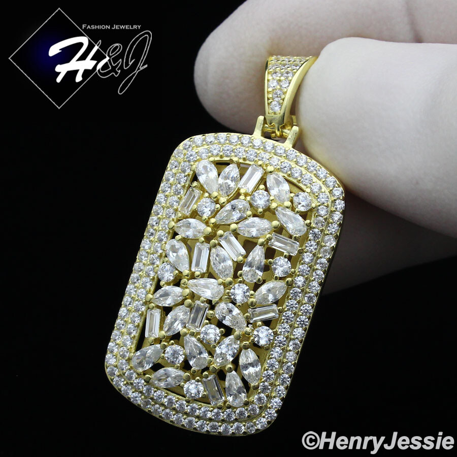 MEN WOMEN 925 STERLING SILVER ICY CUBIC ZIRCONIA GOLD PLATED DOG TAG PENDANT*251