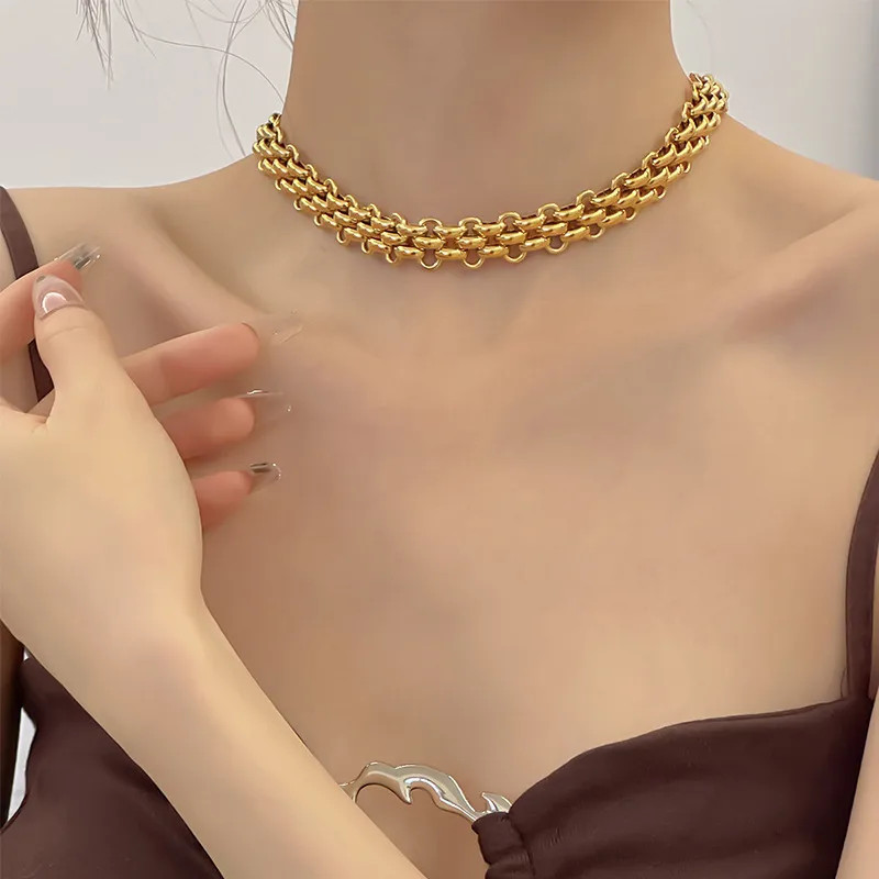 Chunky Gold Chain Choker Necklace Women Titanium Steel 18K Gold Plated