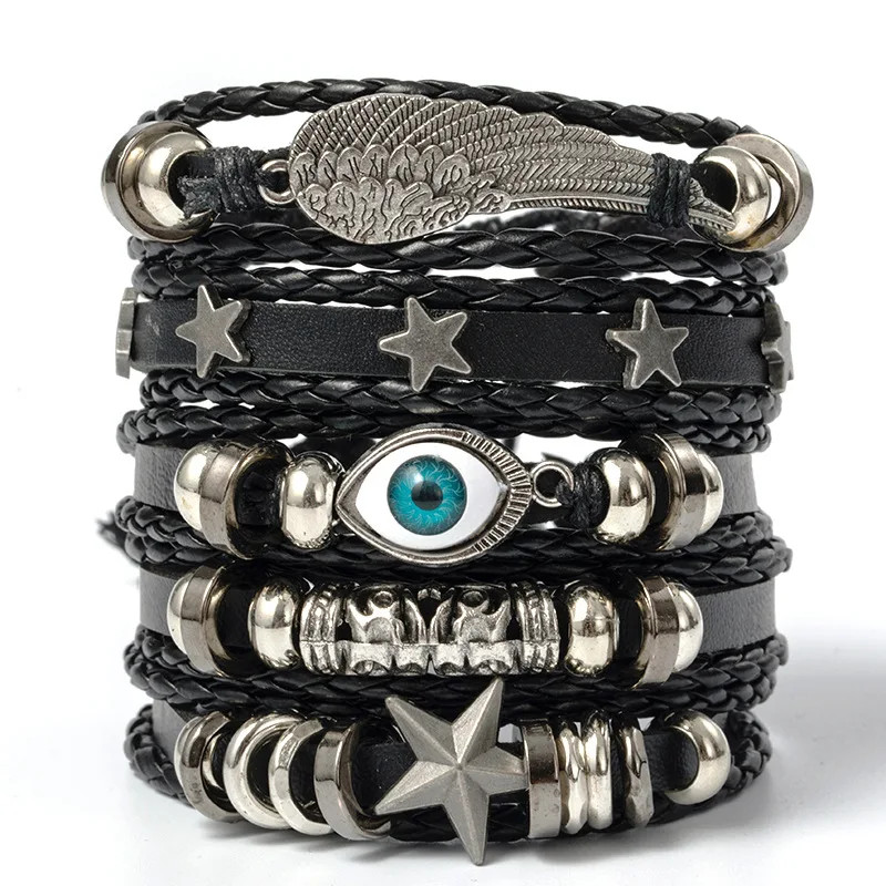 6pcs/Set Black Punk Skull Star Shaped Alloy Pu Leather Bracelet Punk Hip Pop