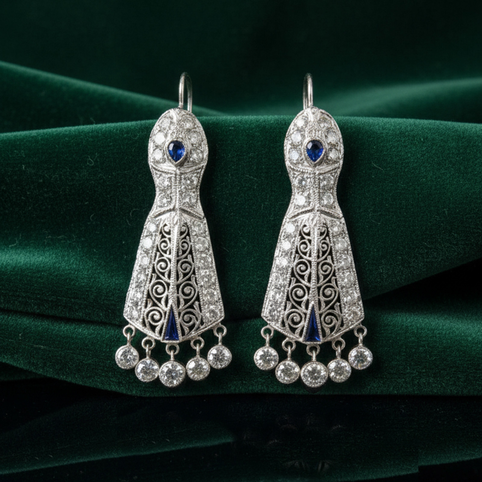 Blue Pear Cut Simulated Diamond 14K Gold Art Deco Filigree Dangle Drop Earrings