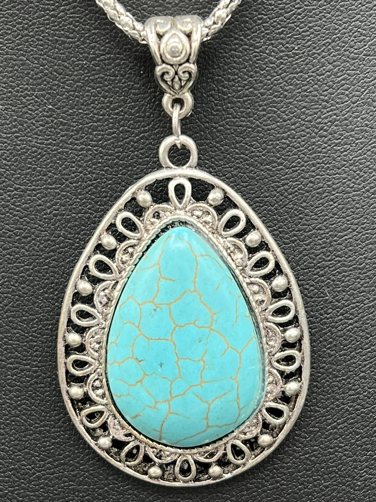 Silver Tone and Faux Turquoise Teardrop Pendant Necklace 18” + 2.5” Extender