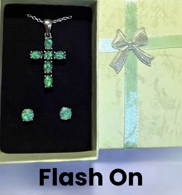 Dazzling Green Fire Opal Cross Necklace & 6mm Stud Earrings Set