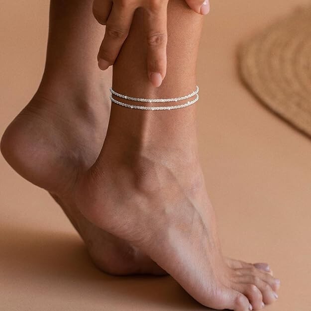 14K Gold/Silver Layered Anklets for Women – Waterproof Sparkly Beach Jewelry