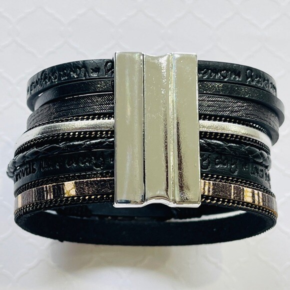 Multilayer Leather Bangle Magnetic Clasp Bracelet for Men or Women 7.5in Black