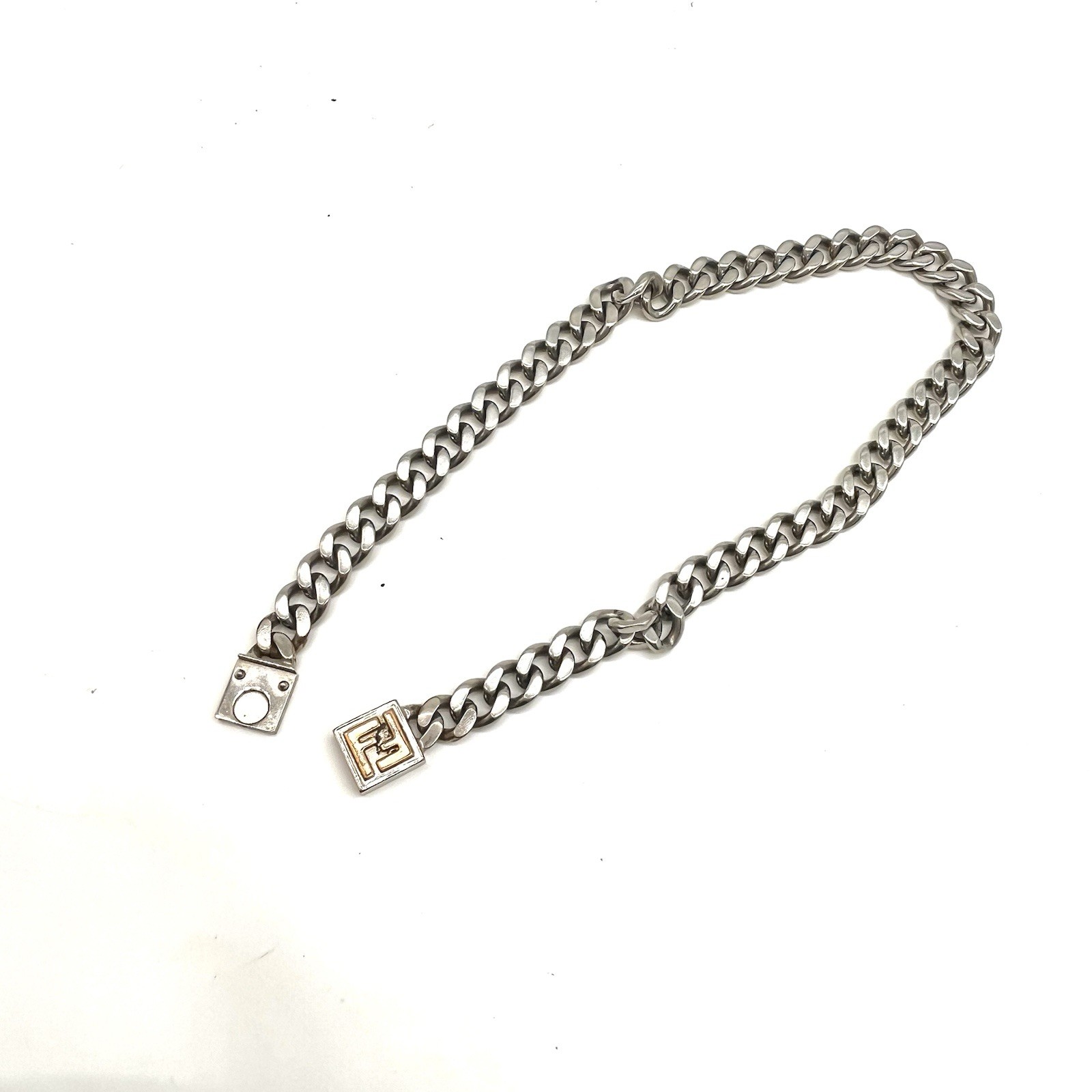 Auth Fendi FF Logo Curb Chain Necklace Men’s 50cm – Palladium Plated 2Y3097