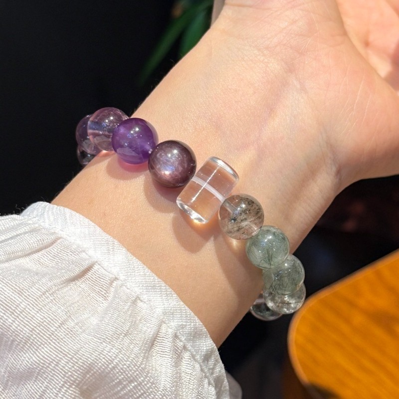 10mm Natural Amethyst Green Phantom Quartz Rutilated Quartz Handmade Bracelet