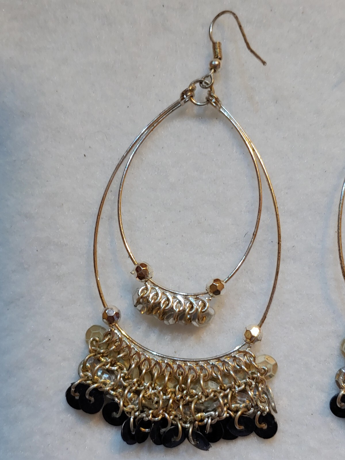 Pierced Earrings Silvertone Dangling Double Teardrop chain beaded as seen in pic