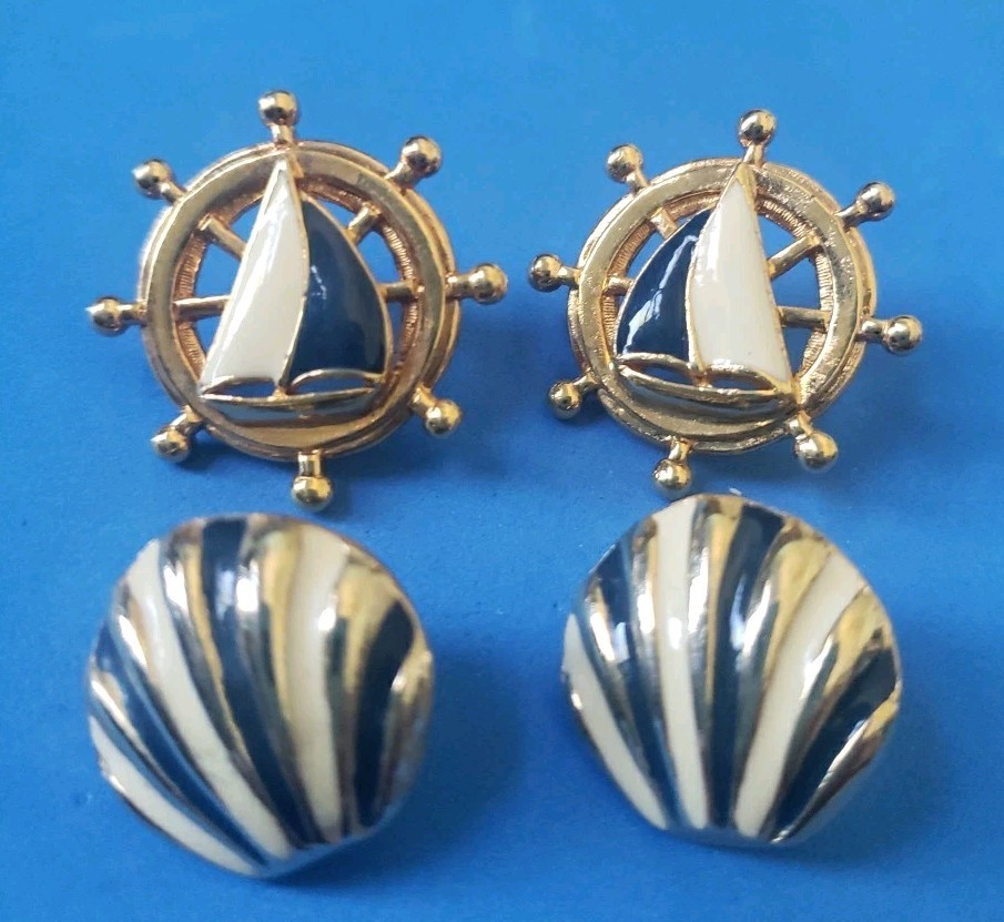 Vintage Nautical Earrings Enamel Sailboat + Blue Nautical No Mark Pierced