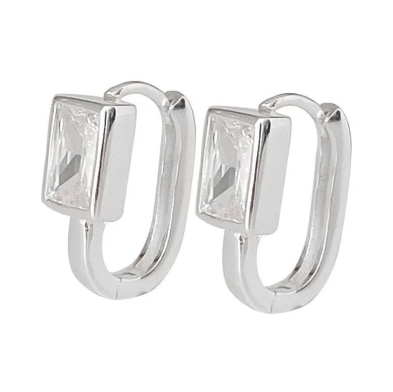 Women Girl 925 Sterling Silver U-Shape Rectangle CZ Huggie Hoop Earrings PE65