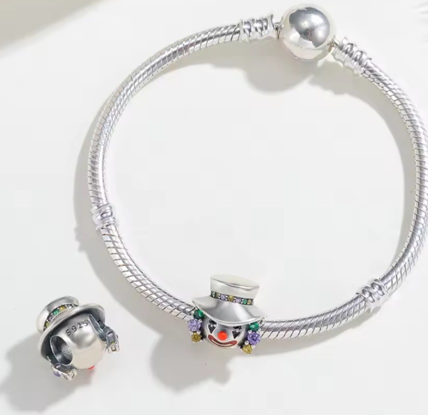 Silver Tone Clown Face Bead Charm .925