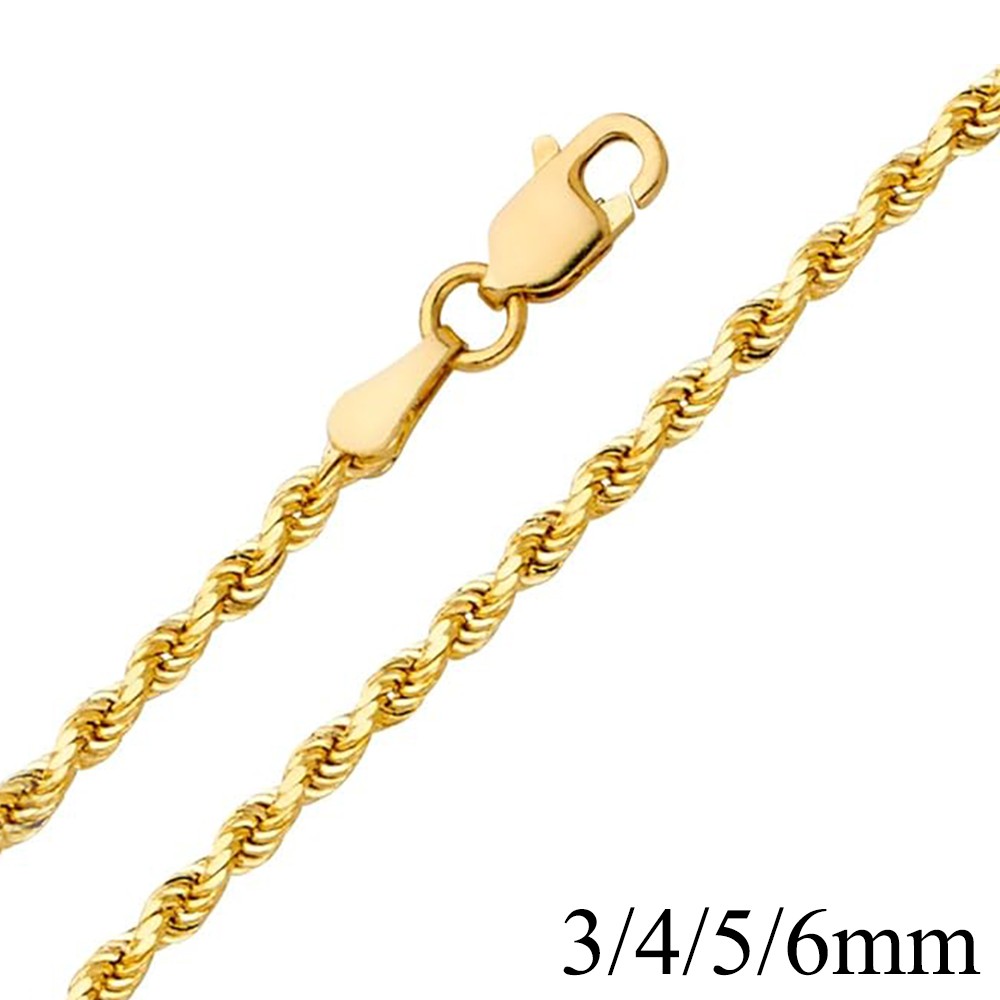 14K Real Solid Yellow Gold 1.5mm-6mm Rope Chain Necklace with Lobster Claw Clasp