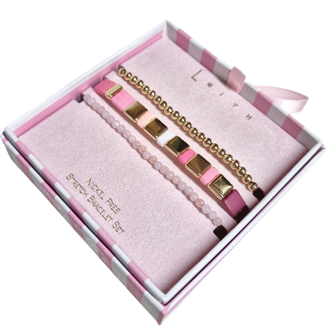 Leith Layered Stretch Bracelet Set of Three Pink White Goldtone Multi-Color NIB