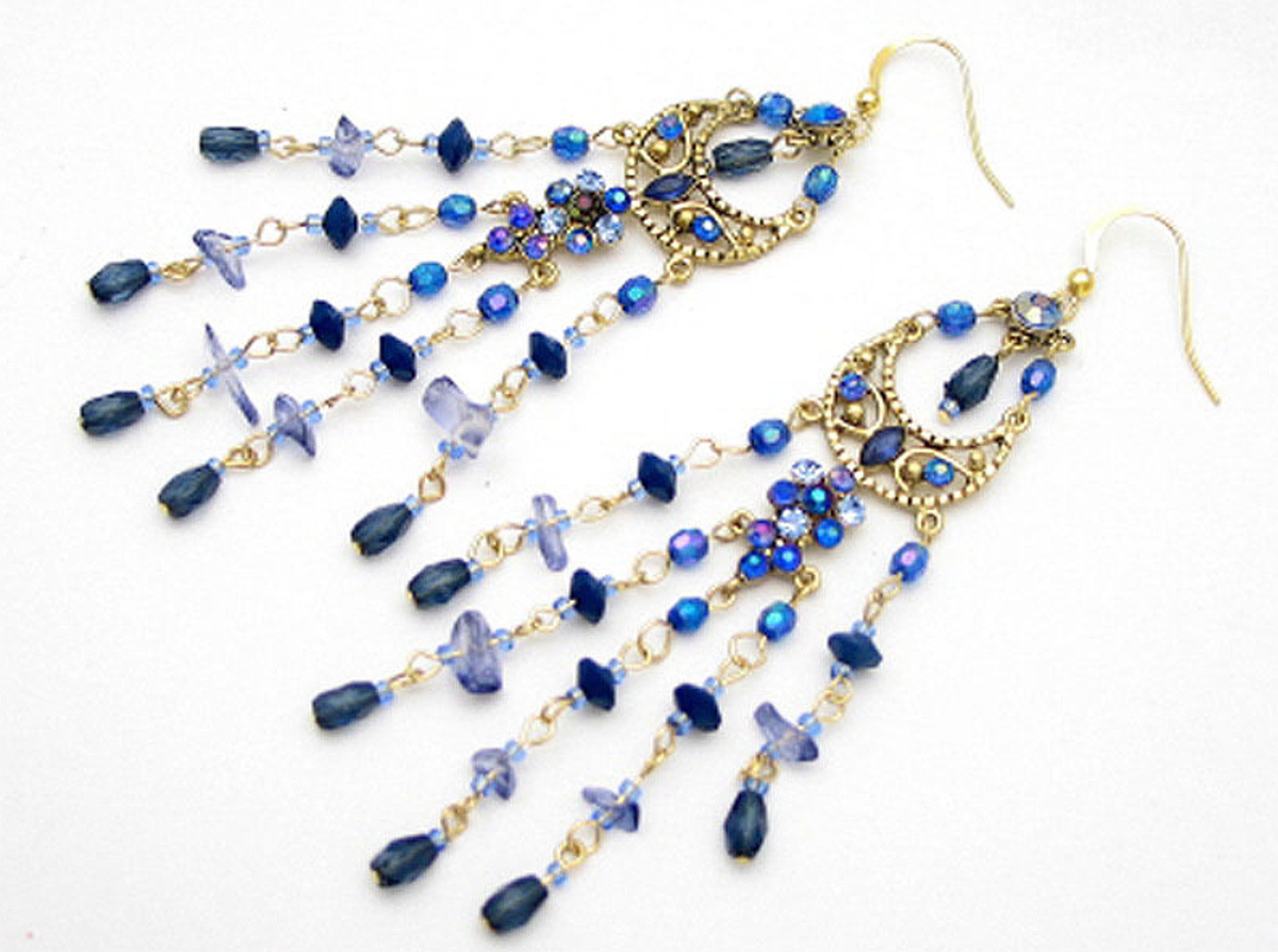 DESIGNER 4.5 in BLUE RED GREEN BROWN CRYSTAL SHELL CHANDELIER GOLD EARRINGS