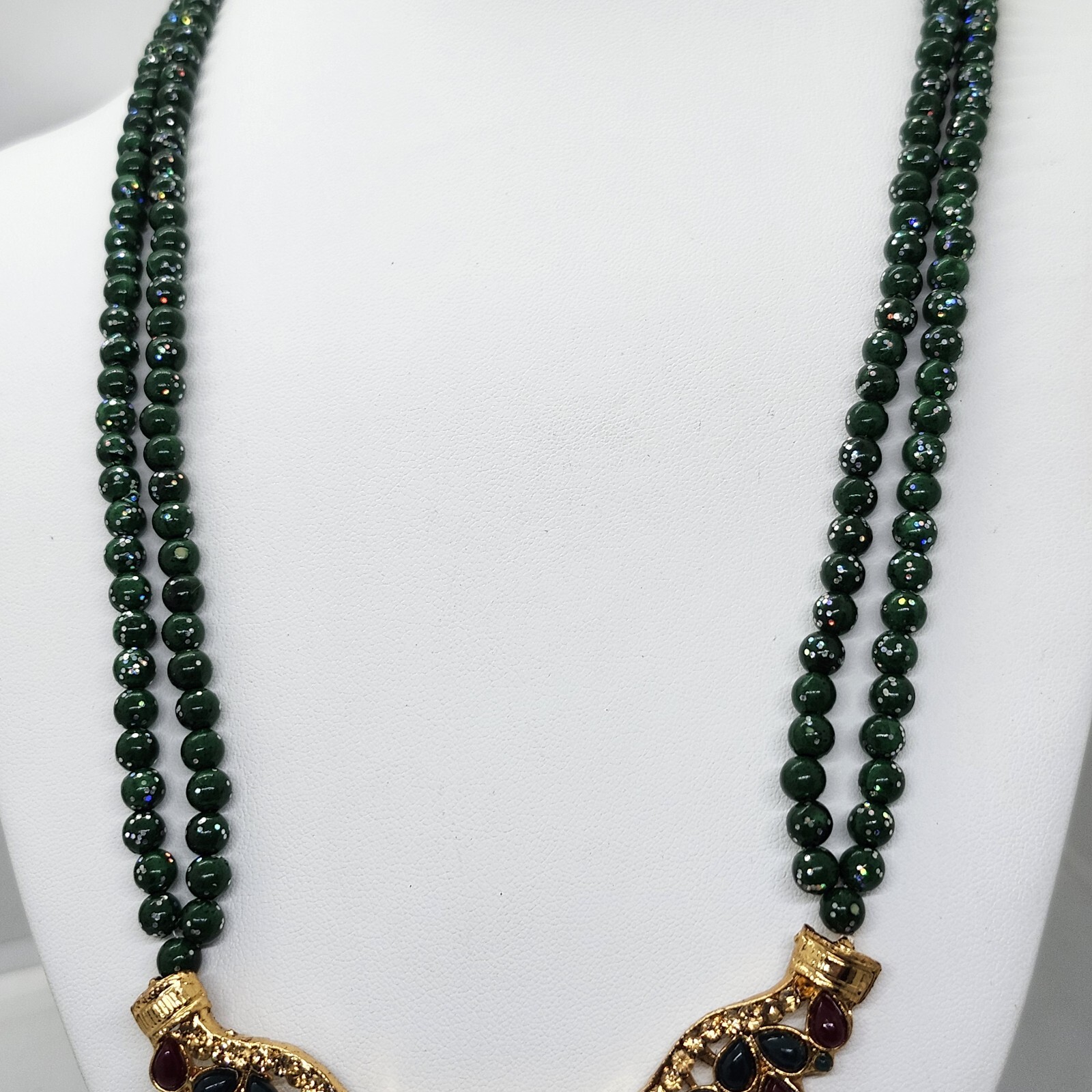 Double Strand Green Glitter Bead Kundan Style India