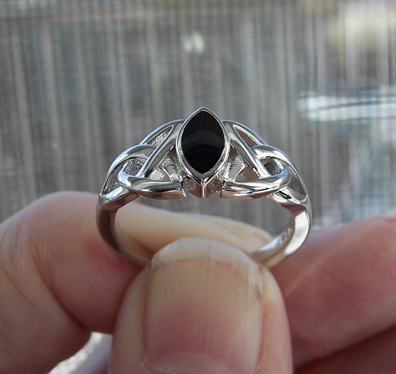 Celtic Synthetic Black Onyx Triquetra Ring Marquise Shape 925 Sterling Silver