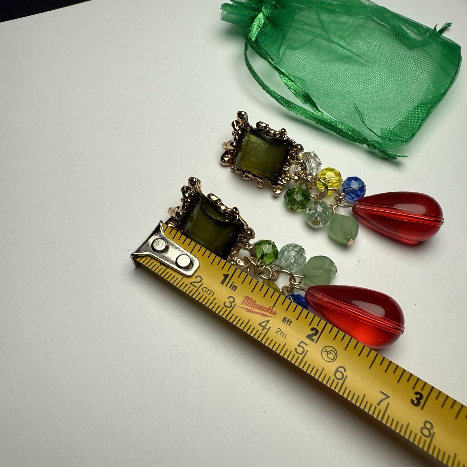 Beaded Dangle Drop Gold Tone Clip-on Earrings Red Green Blue Yellow Multi Color