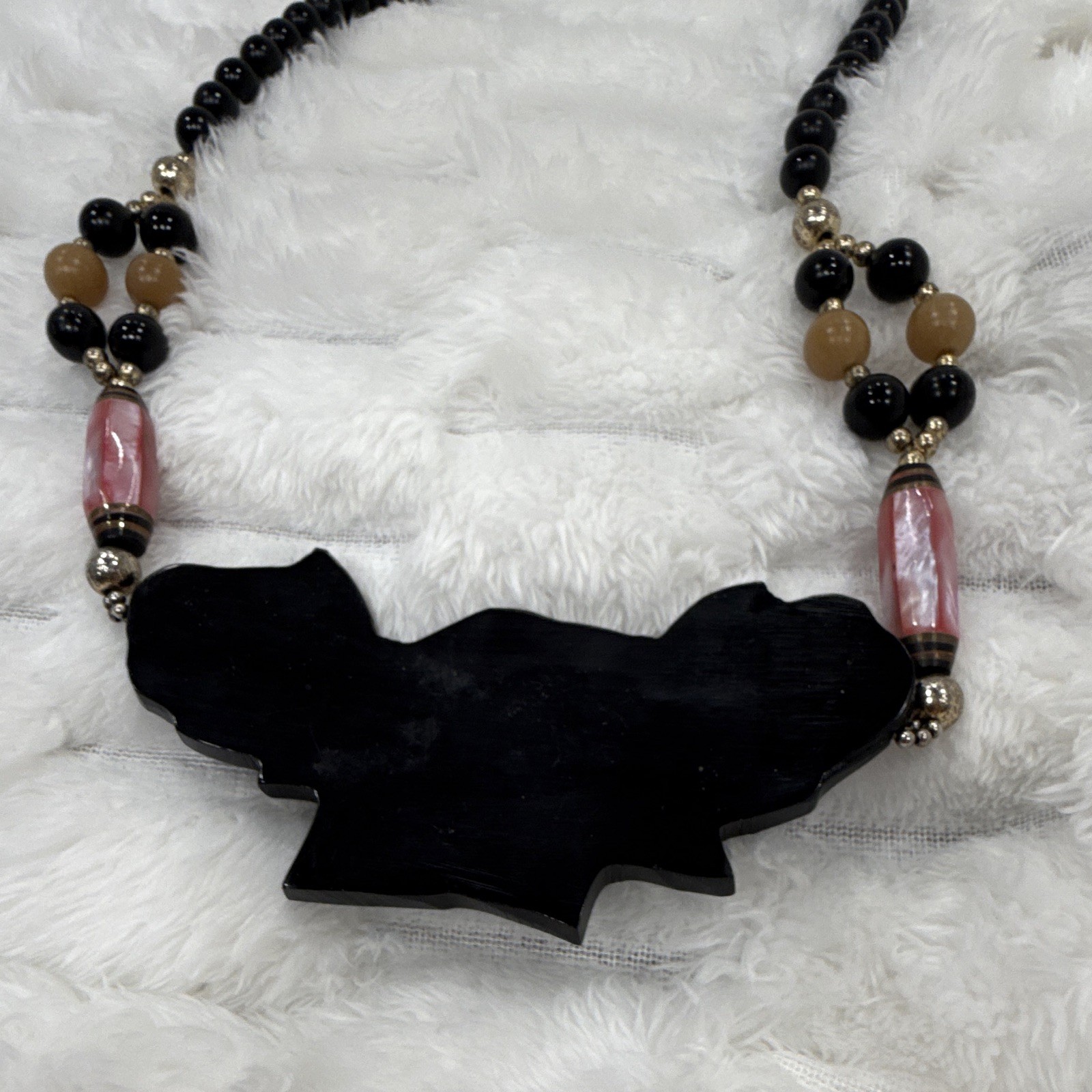 Vintage Lee Sands Black/Pink Flowers, Beaded Ball Chain Necklace