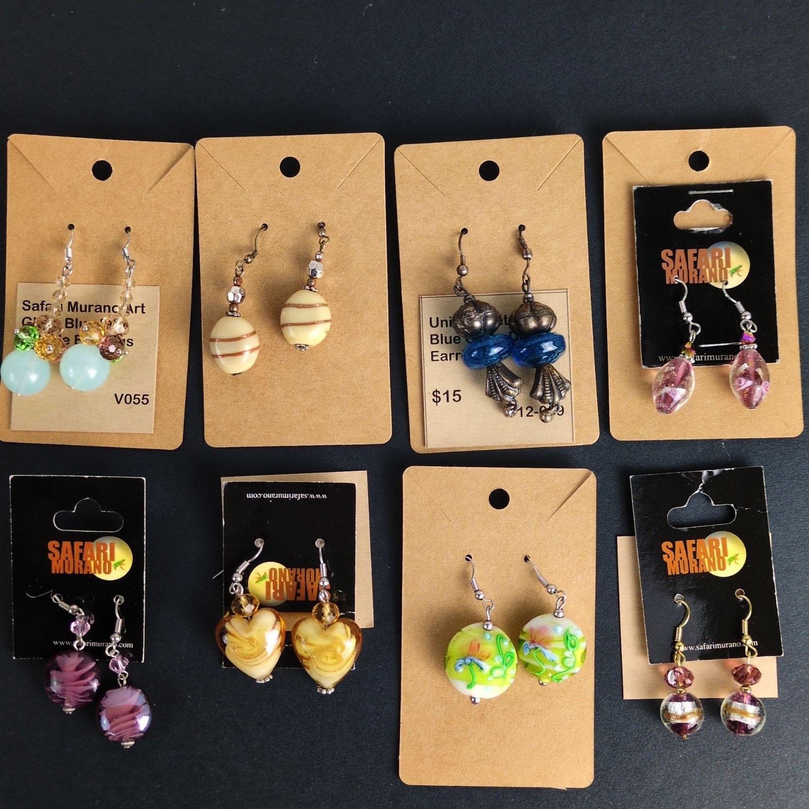 NEW 8 Pair Lot Art Glass Dangle Earrings, Safari Murano Purple Gold Pewter Blue+