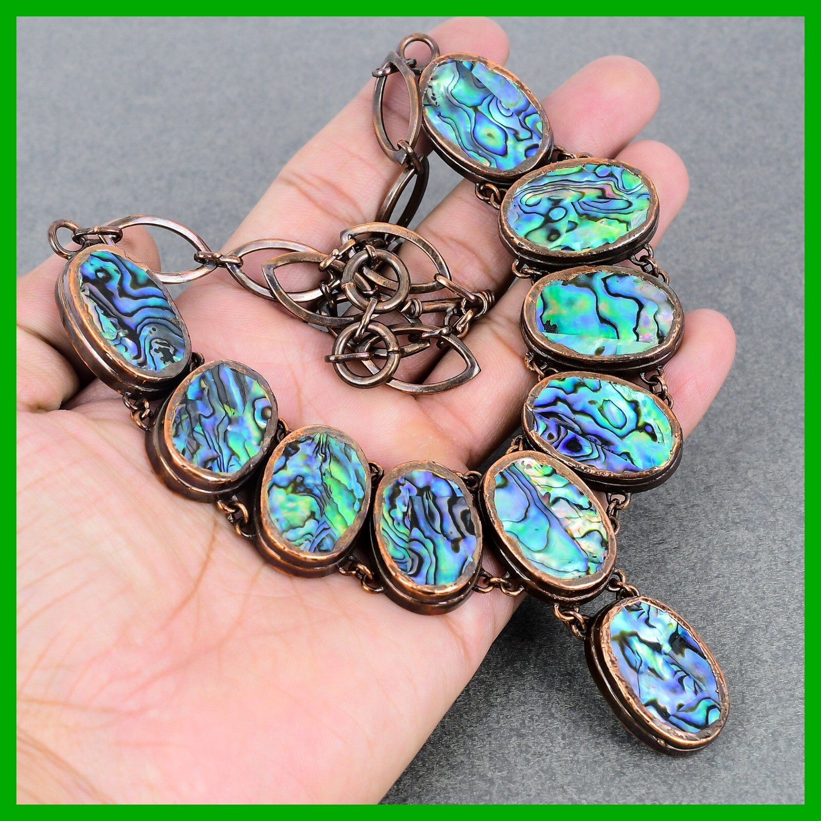 Oval Abalone Shell Stone Chain Bezel Electroformed Boho Necklace Jewelry Copper