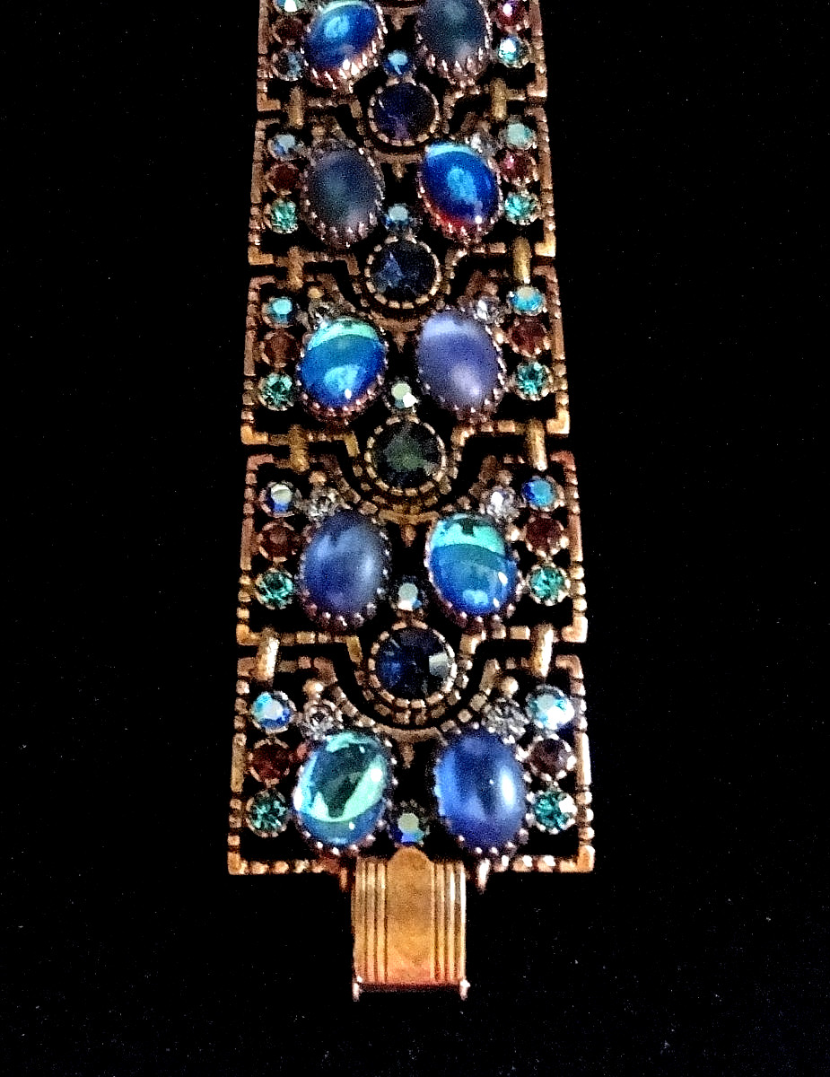 MINT Sweet Romance USA Bronze Link Bracelet with Blue Art Glass & Rhinestones