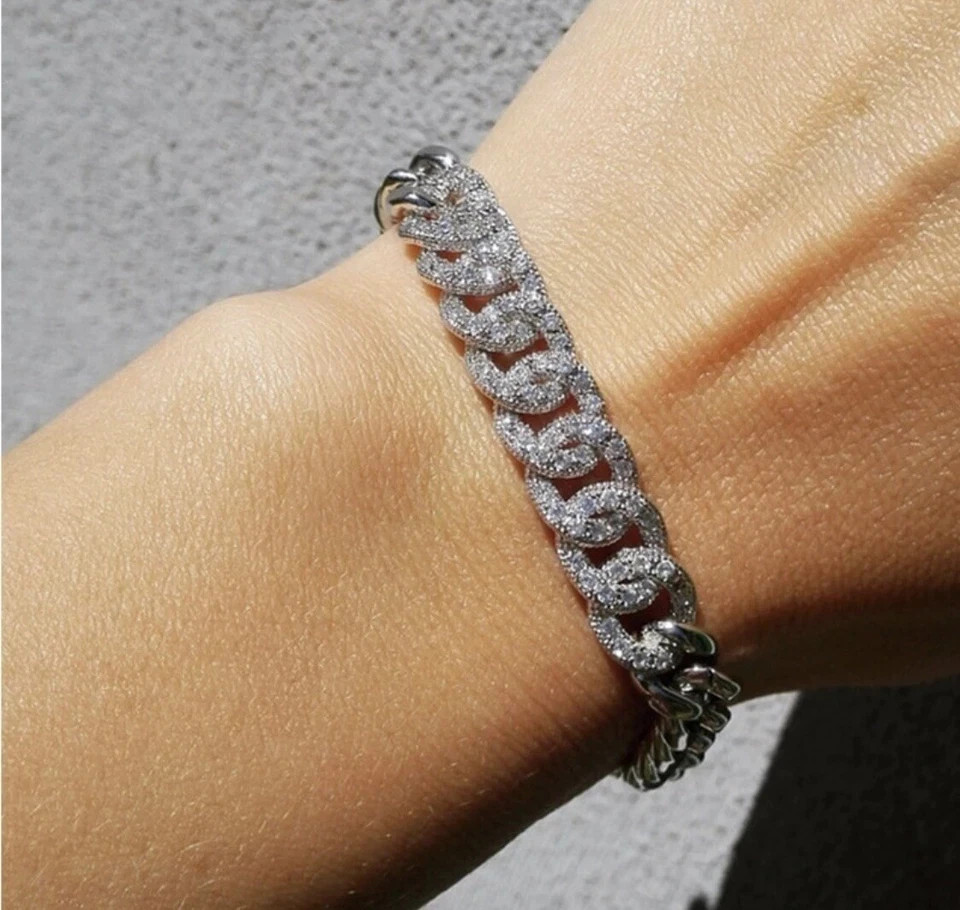 18K Platinum Plated Cuban Chain Bracelet Simulated Diamond Elegant Festival Gift