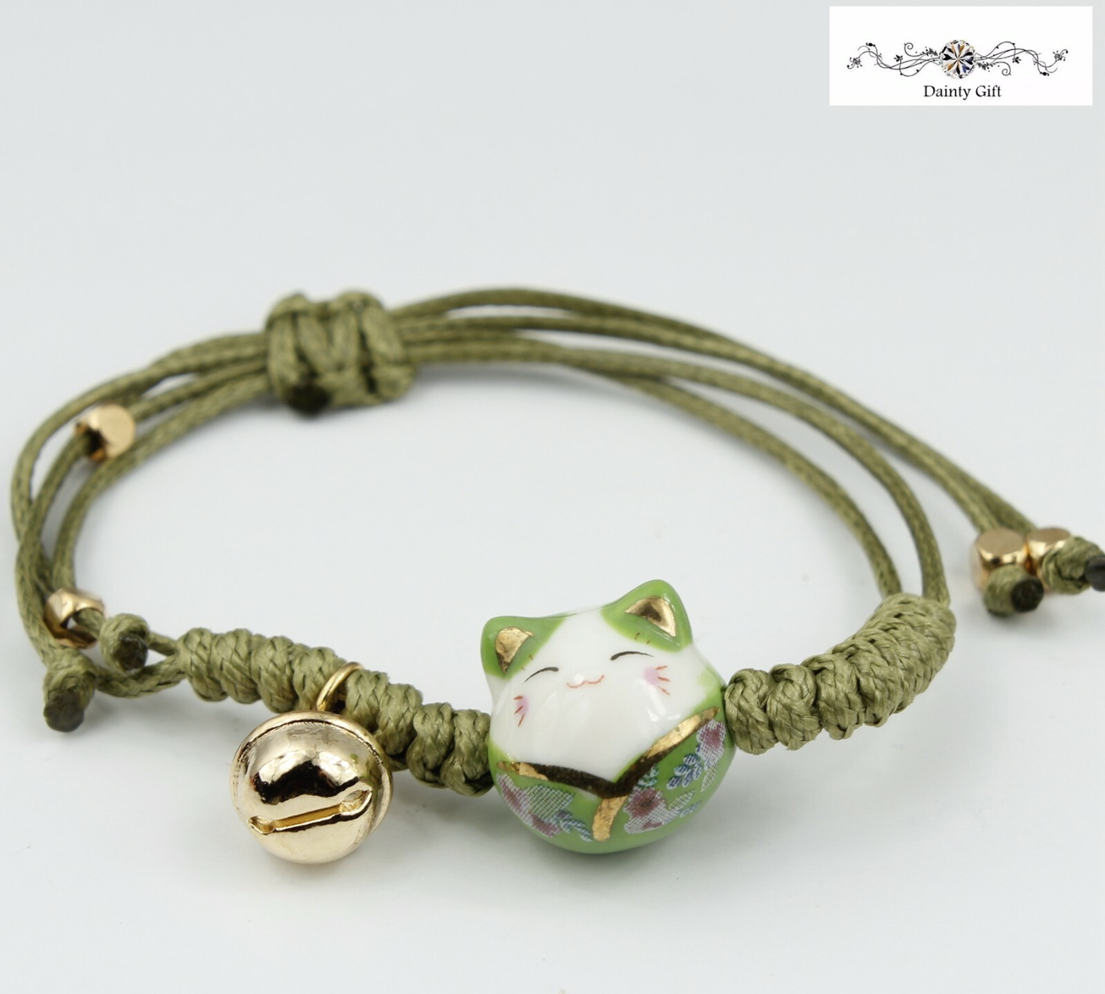 Girl Women Luck Ceramic Fat Cat / Kitty Ball Animal Adjust Rope Bracelet 4-9″