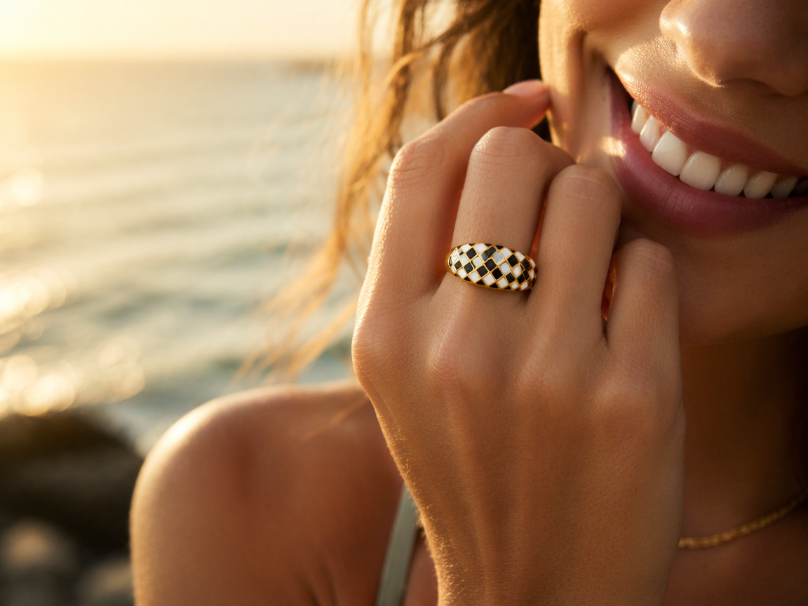 Black White Checkerboard Enamel Ring, Trendy Geometric Band, for Daily Party