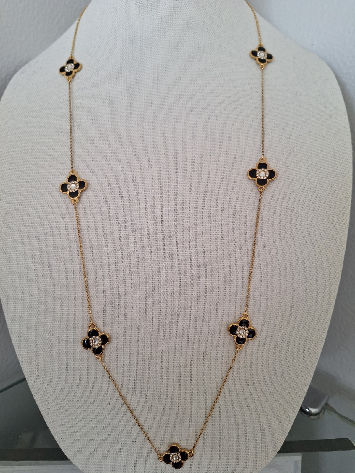 Gold Black Flower/clover Necklace, 36″ Long