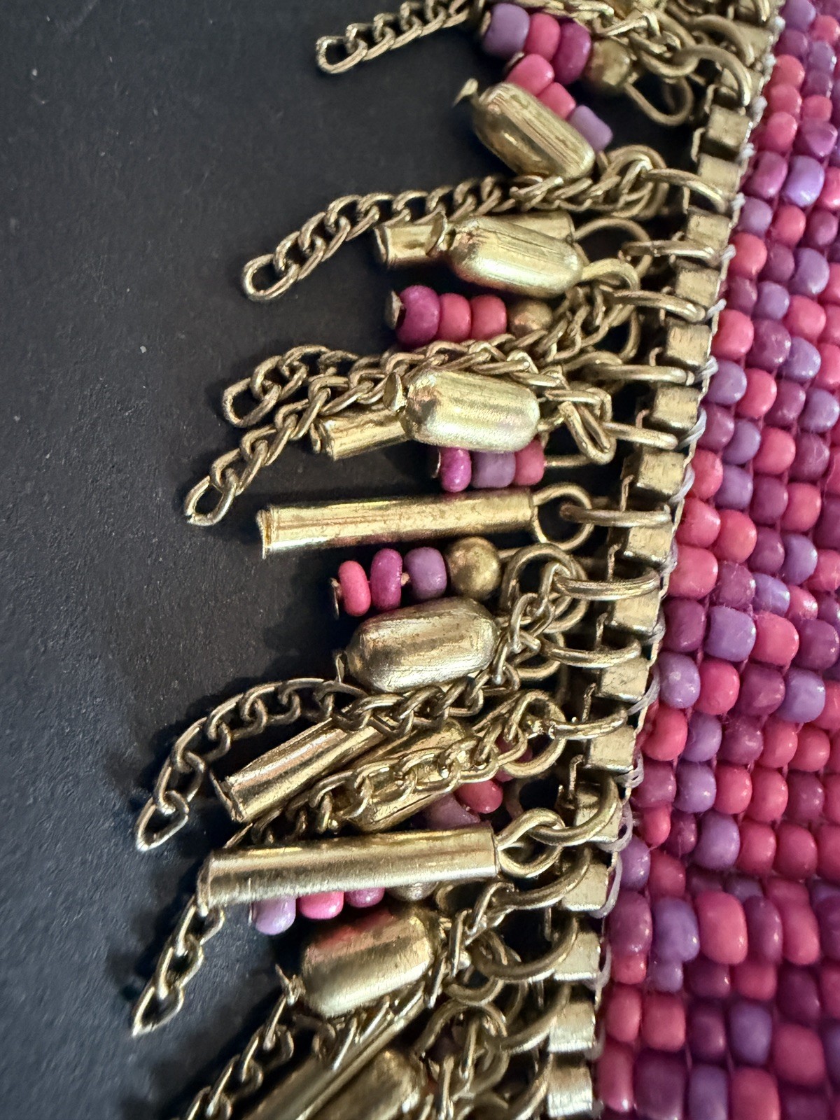 Pink and gold-tone beaded fringe statement necklace, metallic beads, 18 3/4″