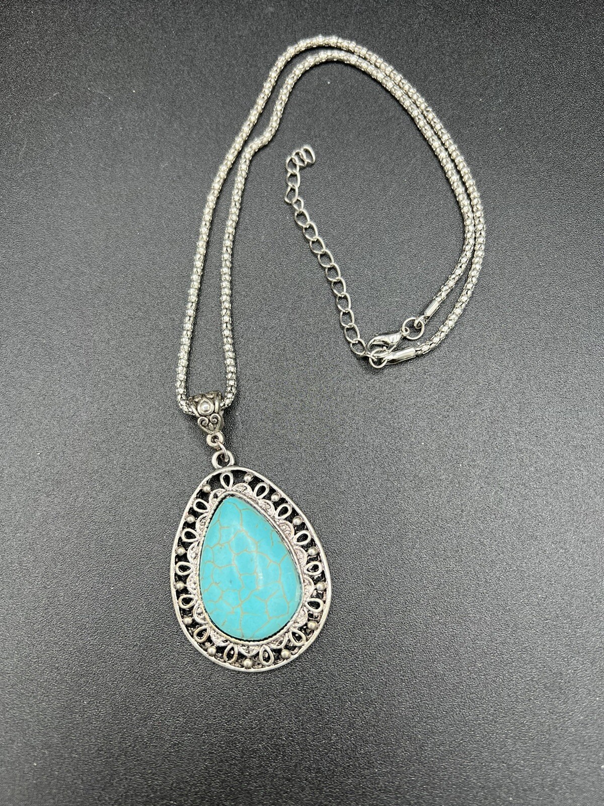 Silver Tone and Faux Turquoise Teardrop Pendant Necklace 18” + 2.5” Extender