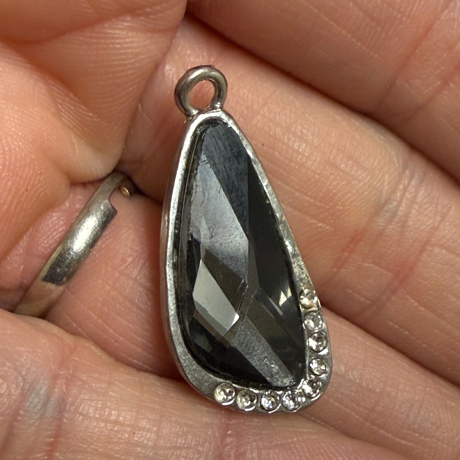 Silver Tone Smoky Grey Faceted Glass Teardrop Pendant Rhinestone Accent 1.25″