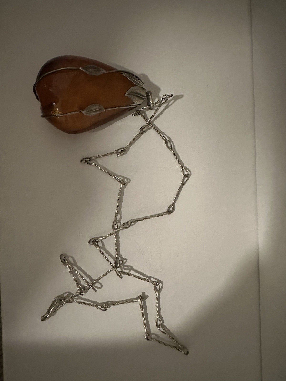 Silver Tone Link Chain Necklace, Amber Teardrop Pendant Wire Setting