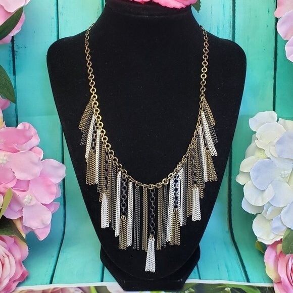 SILPADA KR Multi Tone Fringe Chain Necklace Gold Brass Gunmetal Tassel Statement