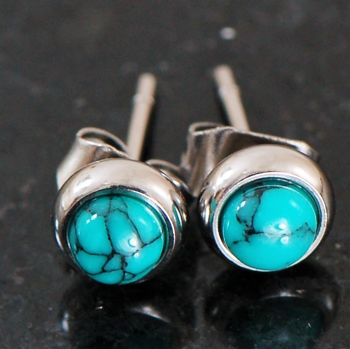 1 Pair Bezeled 6 mm Semi Precious Turquoise Stone 316L Surgical Steel Earrings