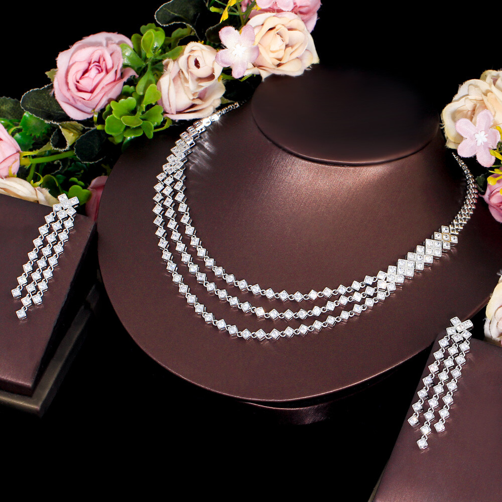 Silver Plated Zircon Multi-layer Necklace Long Tassel Earrings Women Jewelry Set