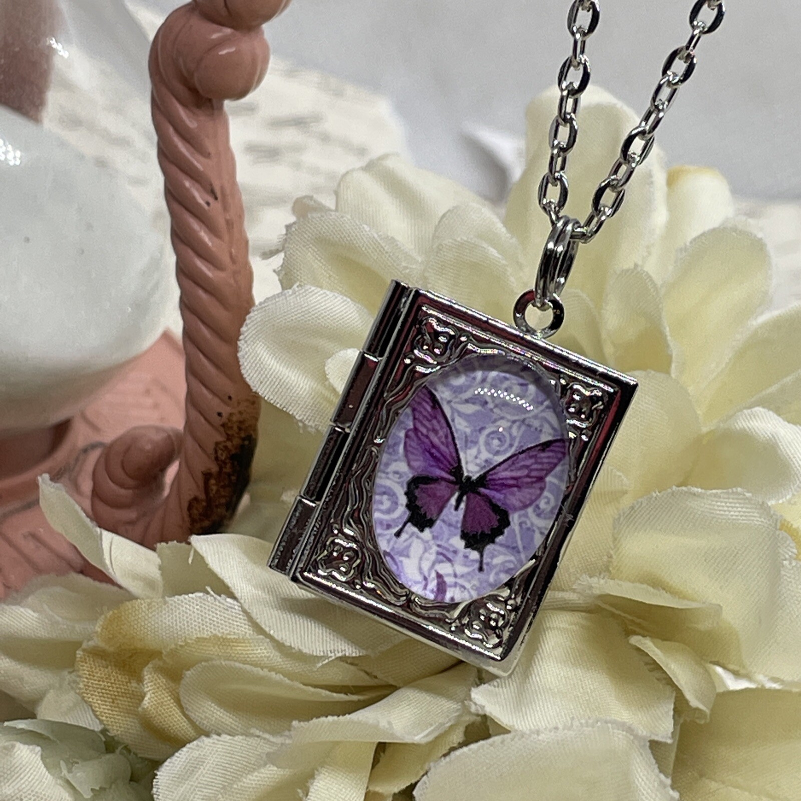 Silver Birthday anniversary purple BUTTERFLY book Locket pendant necklace photo