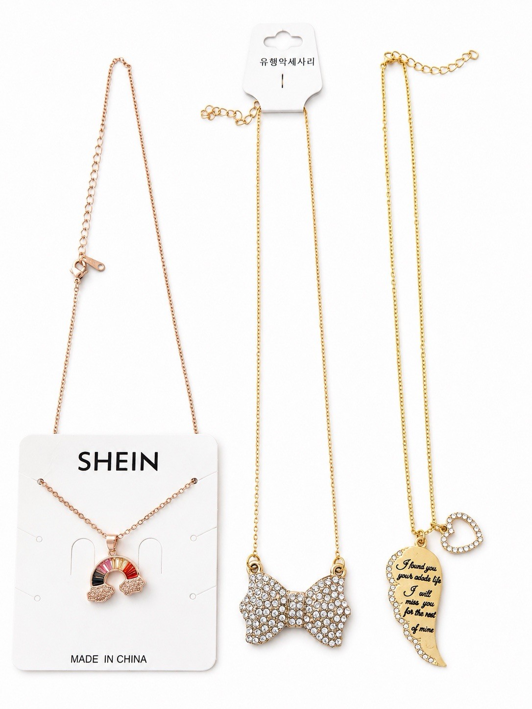 3PCS Gold Tone Pendant Necklace Set Bow Rainbow Angel Wing w/ Gift Box